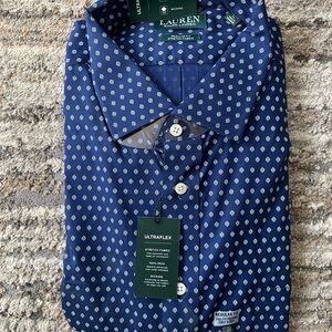 Lauren Ralph Lauren Men’s Navy Geo Print Regular Fit Stretch Fabric Dress Shirt